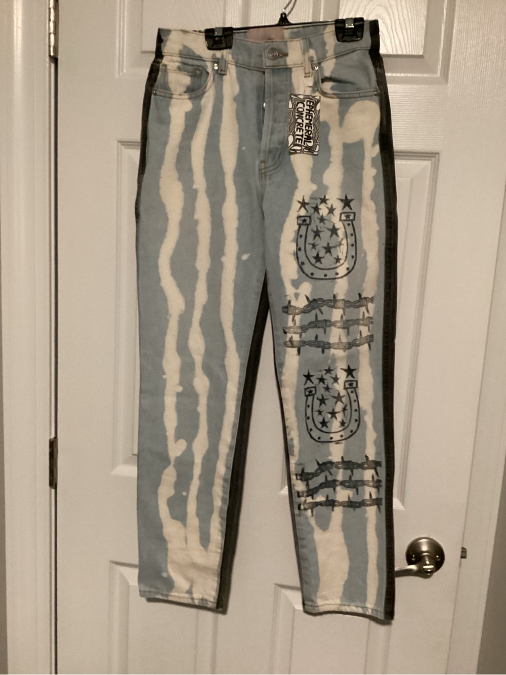 OOAK reworked REVICE Blue & Black two toned Jeans with Graphic Print upcycled